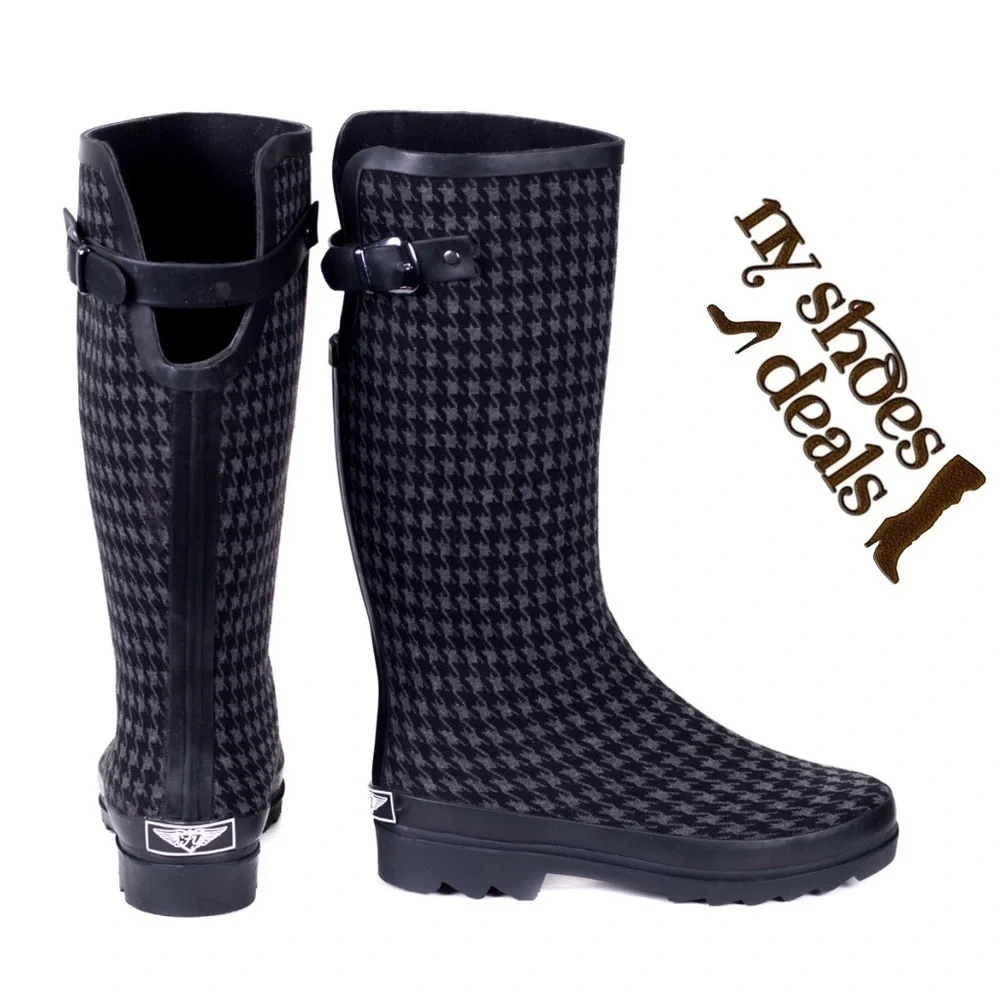 Women's Rubber Rain Boots, Black Fabric-Coated Fashion Rainboots, Size 11, NEW